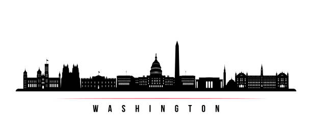워싱턴 도시 스카이 라인 수평 배너입니다. 워싱턴의 그림자는 흑인과 백인입니다. 디자인을 위한 벡터 템플릿입니다. - 정부 일러스트 stock illustrations
