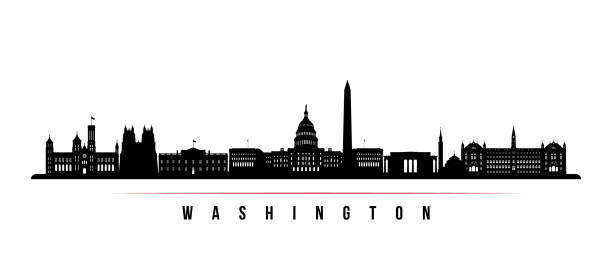 Washington city skyline horizontal banner. Black and white silhouette of Washington. Vector template for your design.