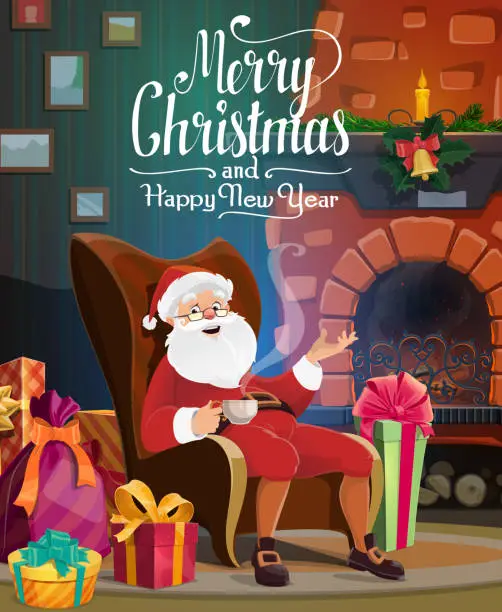 Vector illustration of Santa, Christmas fireplace, gift bag and presents