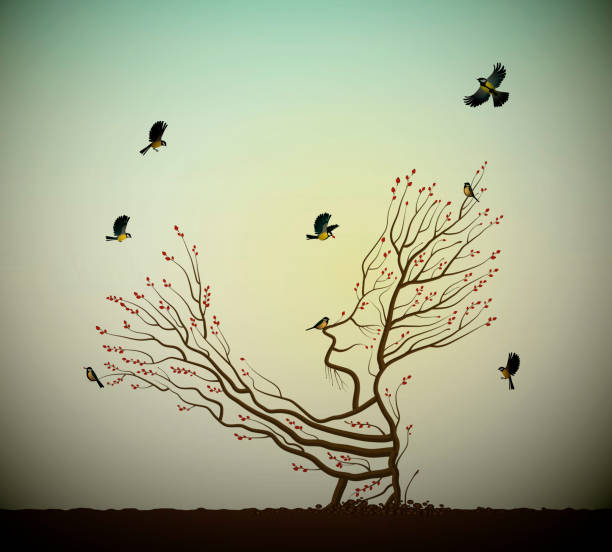 istock alive tree on the rock and titmouses birds, tree soul, man like tree giving his hand branch to flying birds, fairytale surrealism, plant alive idea, vector 1074894270