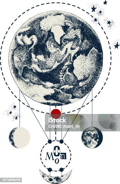 Sacred Geometry Background With Earth And Moon Stock Illustration - Download Image Now - Alchemist, Alchemy, Geometric Shape