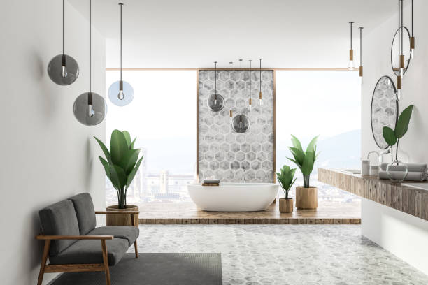 istock Luxury white and honeycomb bathroom interior 1074899710