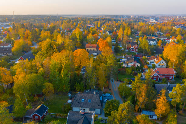 istock Flying over villa area morning, Sollentuna, Stockholm 1074905426