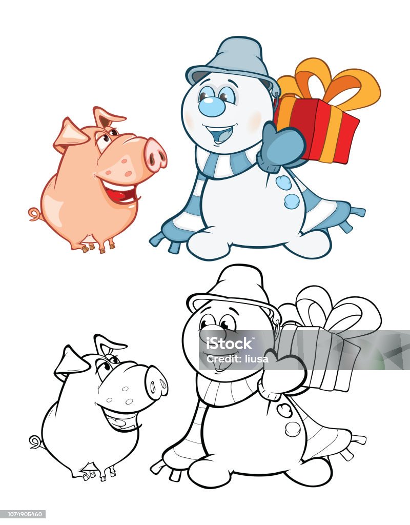 Vector Illustration of  Cute Pig and  Snowman Coloring Book Cartoon Character two friends a little pink pig and a snowman with a gift and them are black white option Animal stock vector