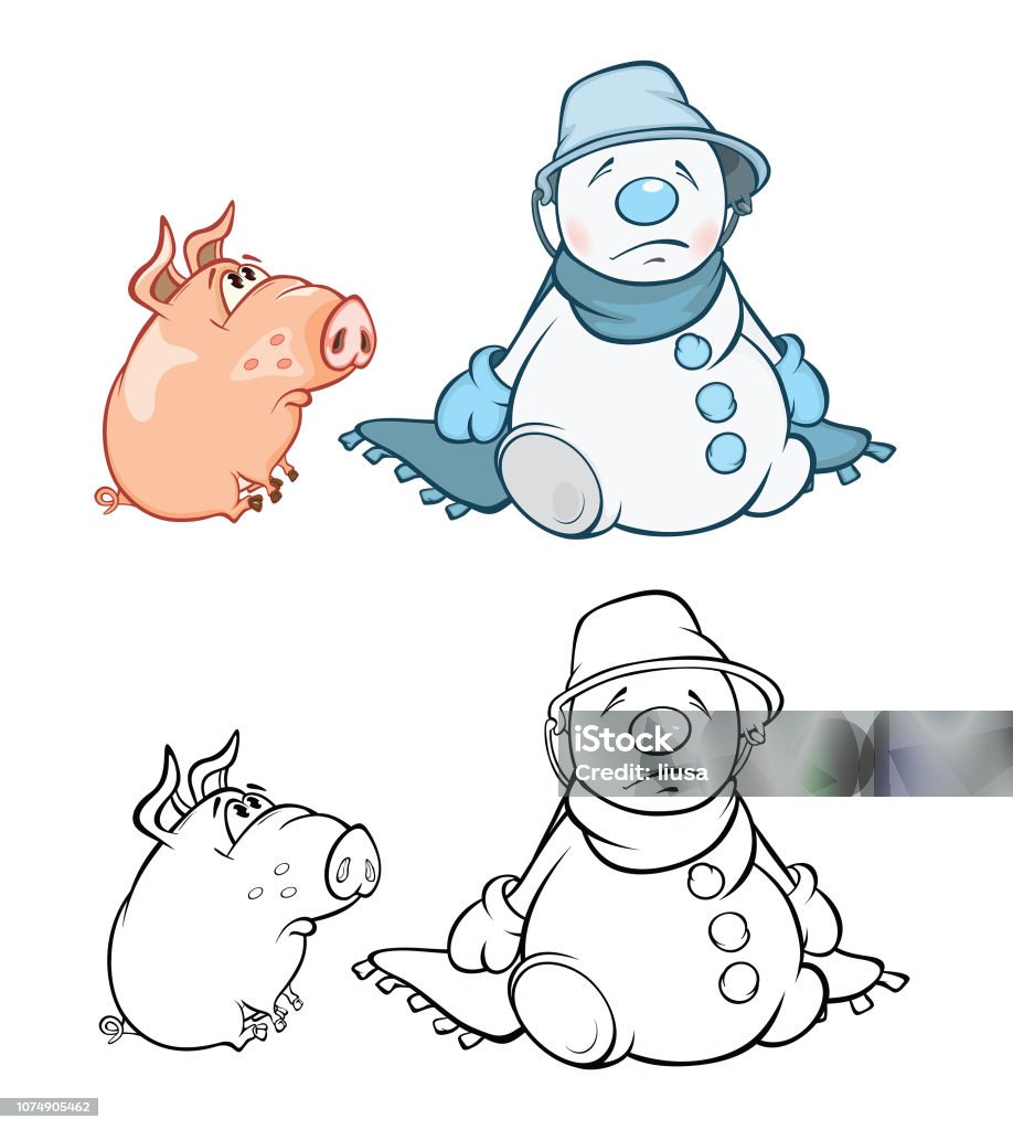 Vector Illustration of  Cute Pig and  Snowman Coloring Book Cartoon two friends  little pink pig and  snowman and them are black white option Animal stock vector