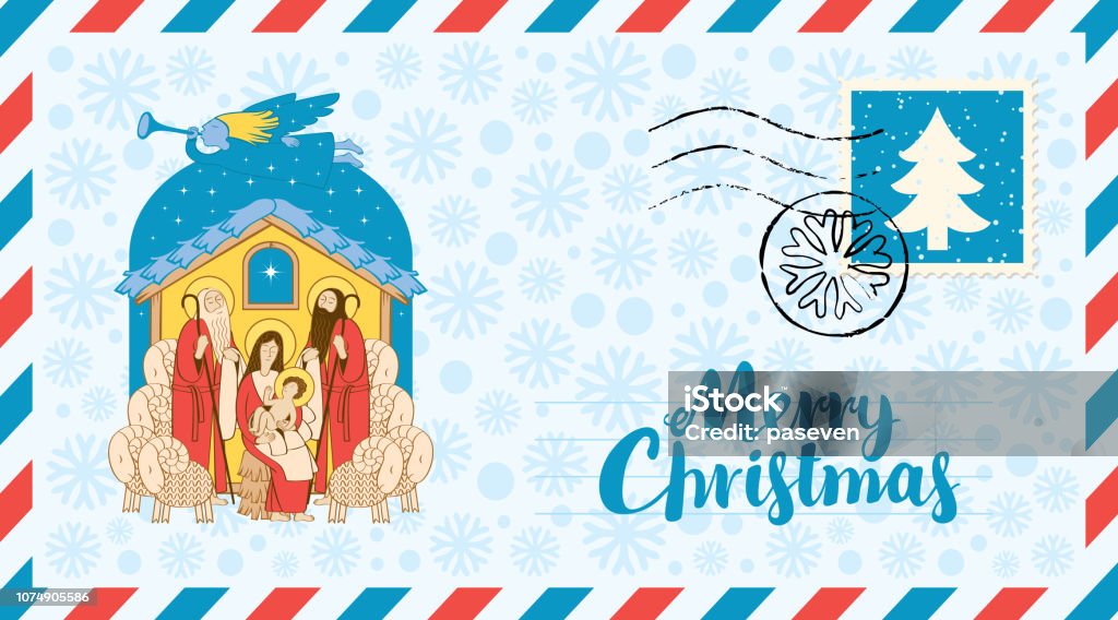 Mary and Jesus. Adoration of the Magi. Envelope Vector envelope on the theme of Christmas with postage stamp and postmark. Bible illustration of Adoration of the Magi on the snowflakes background. Holy Family and Christmas angel. Mary and Jesus. Three Wise Men stock vector