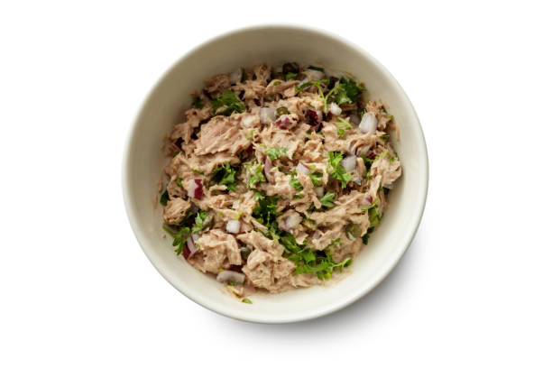 Seafood: Tuna Salad Isolated on White Background Seafood: Tuna Salad Isolated on White Background seafood salad stock pictures, royalty-free photos & images