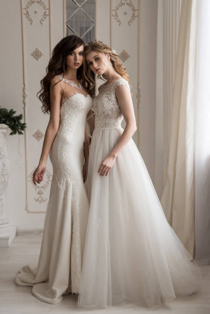 istock Two girls models in wedding dresses. 1074910686