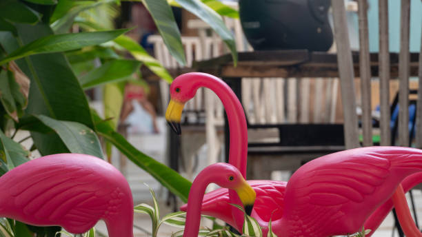 istock Plastic Pink Flamingos And Green Leaves 1074911772