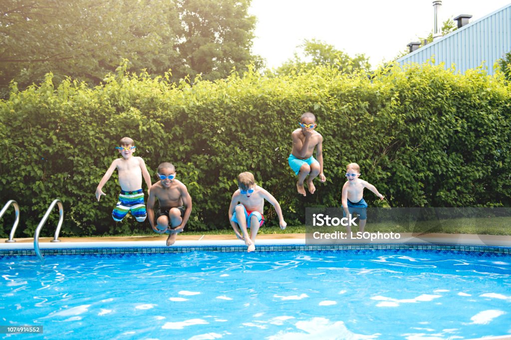 Goup of Childrens in outside swimming pool A children group in outside swimming pool Swimming Pool Stock Photo
