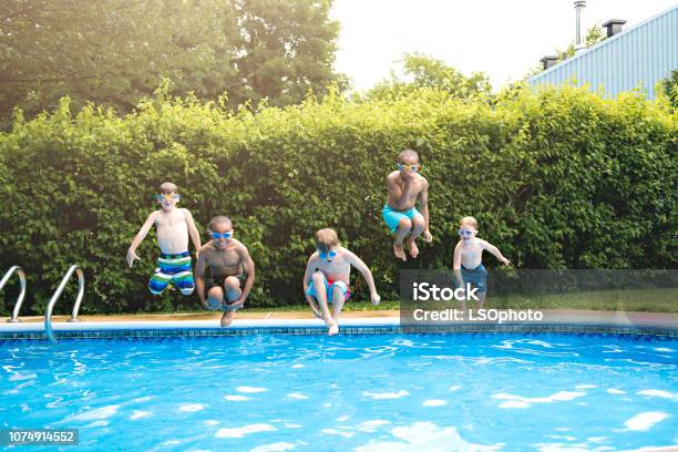 Goup Of Childrens In Outside Swimming Pool Stock Photo - Download Image Now - Swimming Pool, Child, Jumping