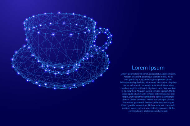 컵 커피 또는 차 미래 다각형 블루 라인, 배너, 포스터, 인사말 카드에 대 한 빛나는 별에서 접시에 낯 짝. 벡터 일러스트입니다. - connection usa coffee cup mug stock illustrations