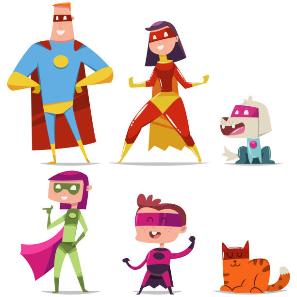 ilustrações de stock, clip art, desenhos animados e ícones de superheroes family with kid, cat and dog. cartoon vector character set of man, woman, boy and girl heroes in masks and cloaks isolated on white background. - superhero humor men cape
