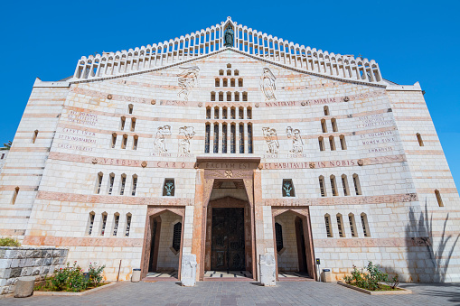 Western facade of the Basilica of Annunciation in Nazareth, Galilee, Israel.