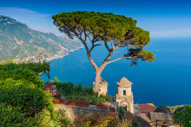 View of the Amalfi Coast and Gulf of Salerno from Villa Rufolo in the hilltop town of Ravello in Campania, Italy. View of the Amalfi Coast and Gulf of Salerno from Villa Rufolo in the hilltop town of Ravello in Campania, Italy. ravello stock pictures, royalty-free photos & images