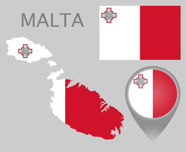 Malta Colorful flag, map pointer and map of Malta in the colors of the Maltese flag. High detail. Vector illustration maltese silhouette stock illustrations