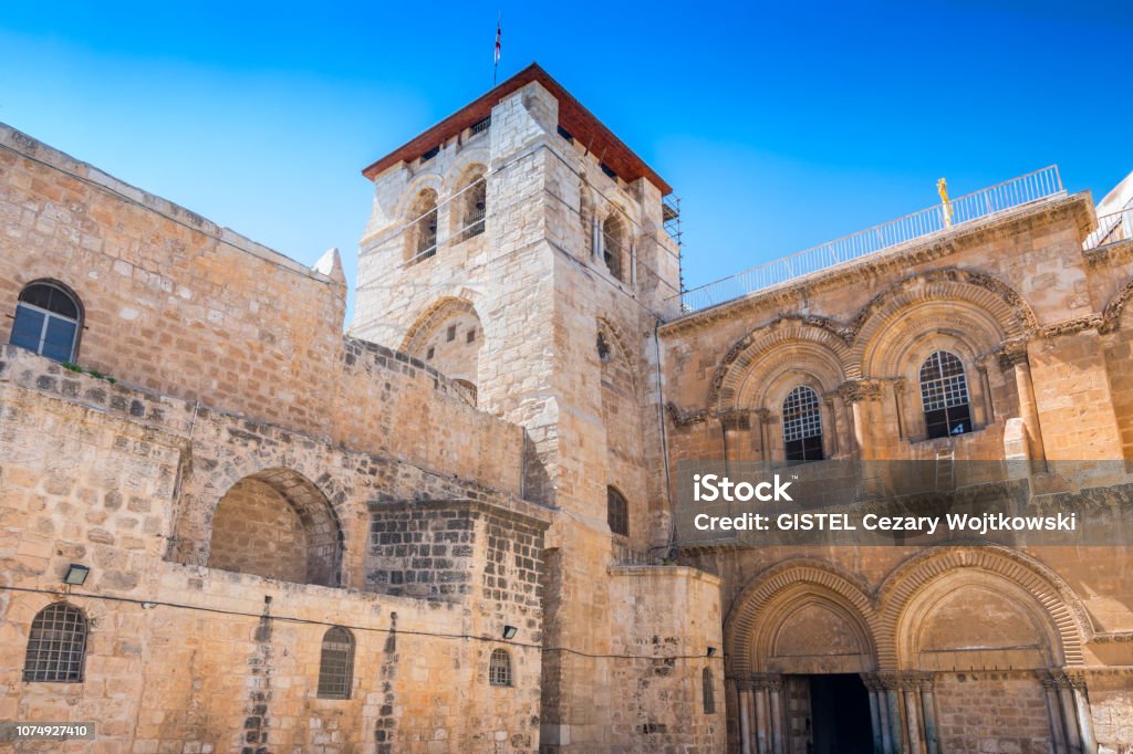 The Church of the Holy Sepulchre also called the Basilica of the Holy Sepulchre in old city Jerusalem, Israel. Anointing Stock Photo