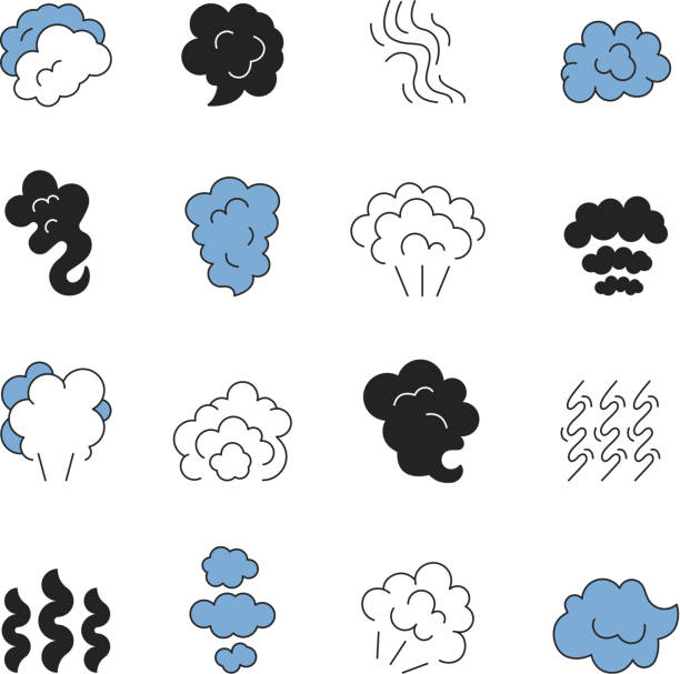 Steam line symbols. Smell of cooking food vapour smoke outline vector icon set Steam line symbols. Smell of cooking food vapour smoke outline vector icon set. Smell and gas cloud, smoke and odor illustration cumulus clouds drawing stock illustrations