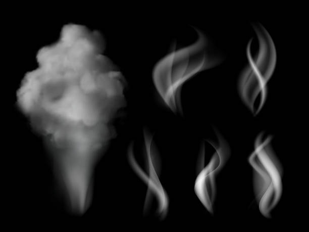 Smoke realistic. Hot steam vape on kitchen smells vector 3d collection isolated Smoke realistic. Hot steam vape on kitchen smells vector 3d collection isolated. Smell smoke, hot steam, shape of cloud vapor illustration cumulus clouds drawing stock illustrations