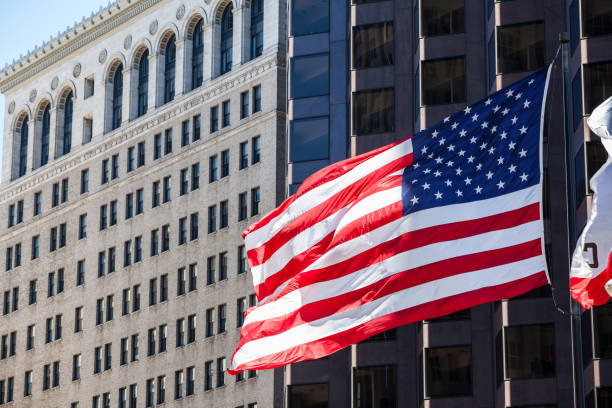 istock Business Office Skyscrapers and American Flag 1074929264