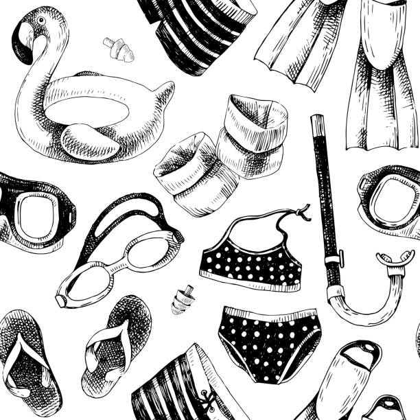 ilustrações de stock, clip art, desenhos animados e ícones de seamless pattern with swimming accessories - arm band illustrations