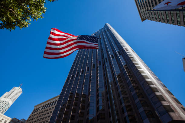 istock Business Office Skyscrapers and American Flag 1074930778