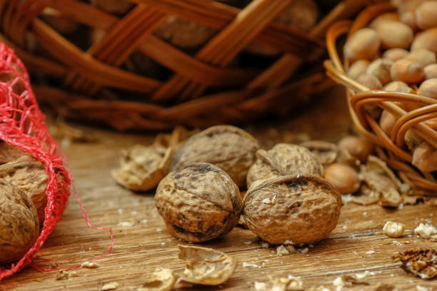 istock Walnuts and hazelnuts whole and cracked in old baskets 1074933430