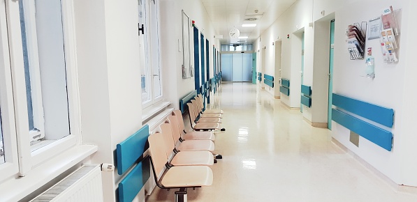 Bright empty hospital waiting room