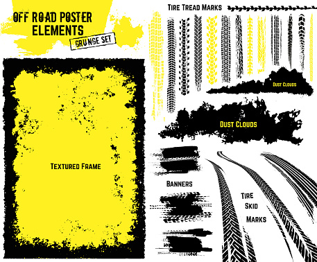 Off-road texture elements. All you need to make rally, race or off road poster, print, leaflet design. Editable illustration isolated on white background. Vector collection in yellow and black color.