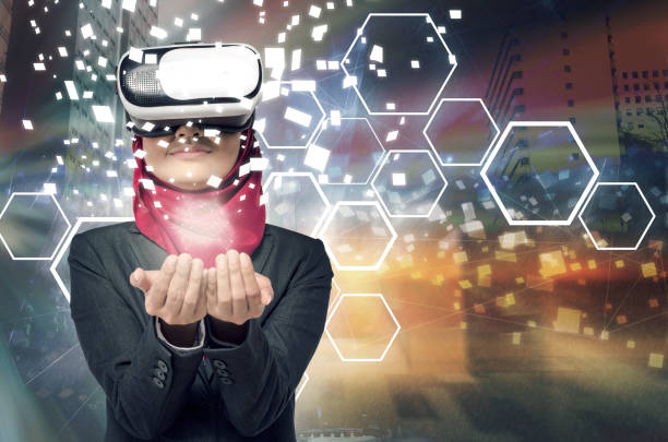istock Amazed young women wearing virtual reality goggles over abstract double exposure background 1074934436