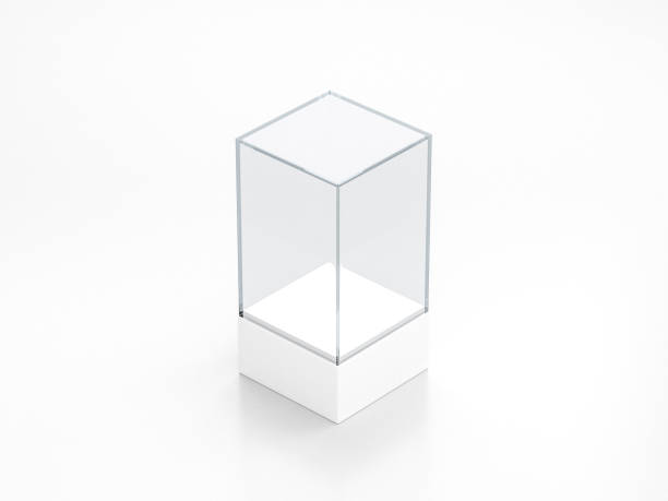 istock Blank white glass showcase mockup, clear transparent exhibition box template 1074937124