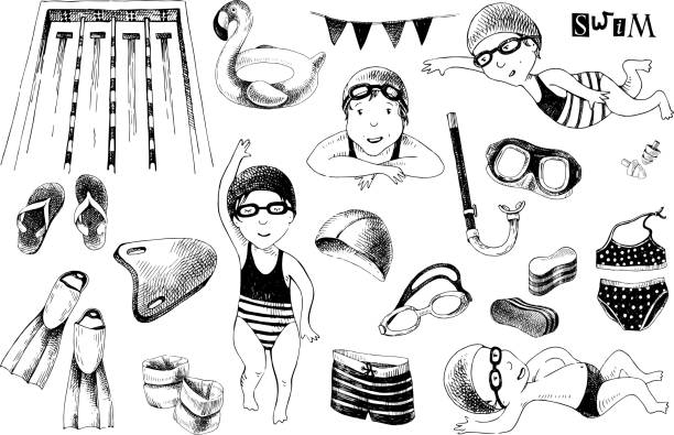 Swimming school vector set Hand drawn set for swimming school with children and pool accessories. Vector illustration swimming drawings stock illustrations
