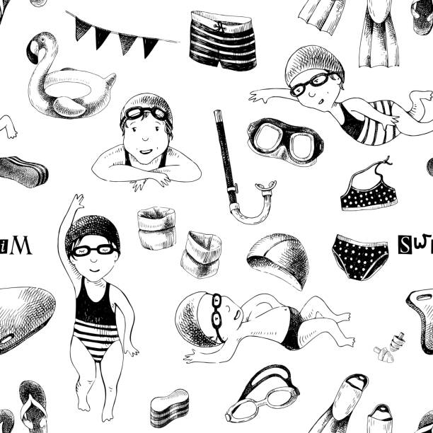 ilustrações de stock, clip art, desenhos animados e ícones de swimming school seamless pattern - inflatable ring water wings swimming pool float