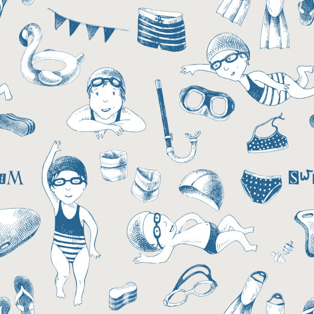 ilustrações de stock, clip art, desenhos animados e ícones de swimming school seamless pattern - arm band illustrations