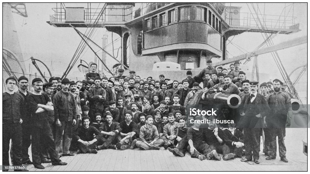 Antique historical photographs from the US Navy and Army: "New York" crew Archival stock illustration