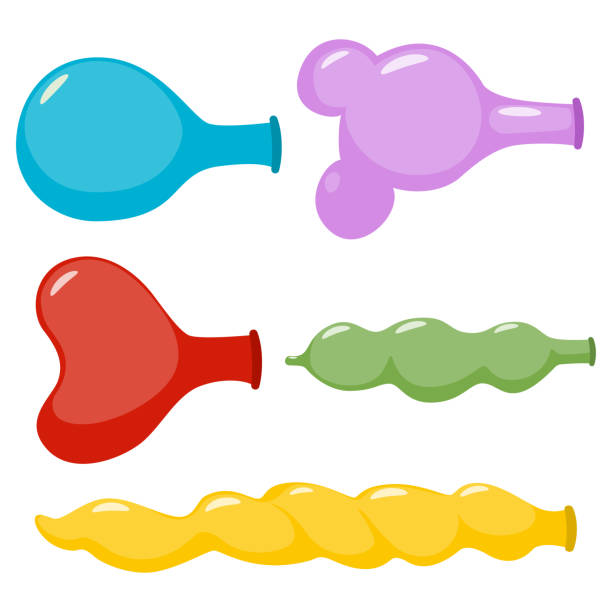 ilustraciones, imágenes clip art, dibujos animados e iconos de stock de los globos uninflated de diferentes formas vector conjunto de dibujos animados aislado sobre fondo blanco. - balloon inflating blowing isolated