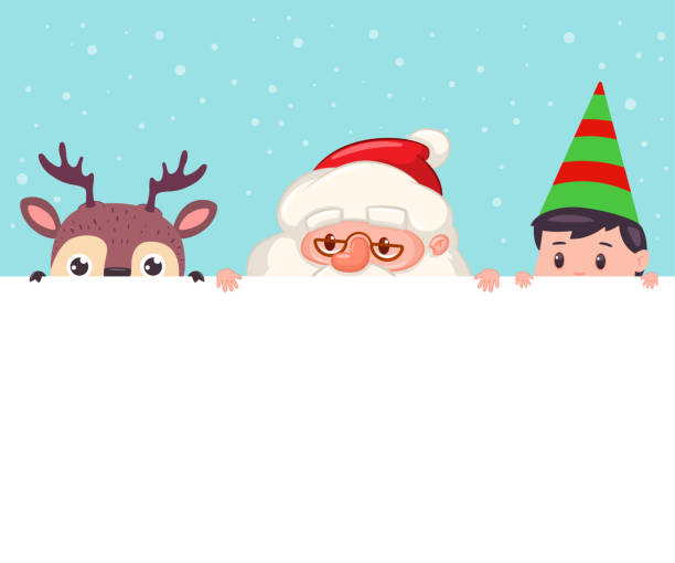 Santa Claus, reindeer and elf looking out of blank sign. Vector cartoon Christmas illustration with cute holiday characters isolated on background. Santa Claus, reindeer and elf vector Christmas blank sign. peeking stock illustrations