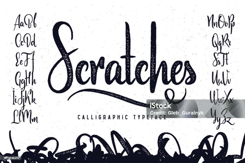 Carattere di script artigianale vintage chiamato "Scratches" - arte vettoriale royalty-free di Carattere tipografico