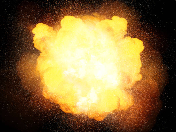 istock Fiery hot and bright explosion, orange color with sparks isolated on black background 1074946598