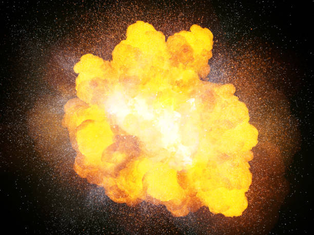 istock Fiery hot and bright explosion, orange color with sparks isolated on black background 1074946630