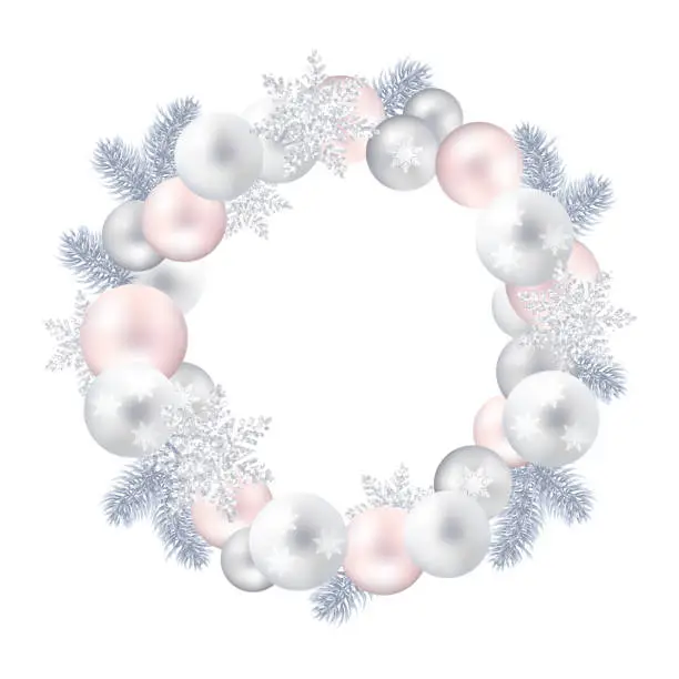 Vector illustration of Wreath of Christmas balls, fir twigs, snow-flakes