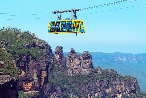 Australia, cable car and rock formation Three Sisters in Blue Mountains nationalpark