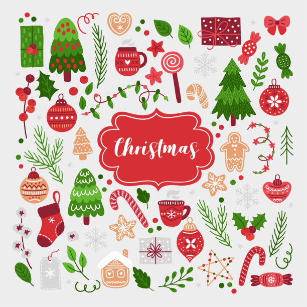 크리스마스 세트 - 갈란드 장식품 일러스트 stock illustrations