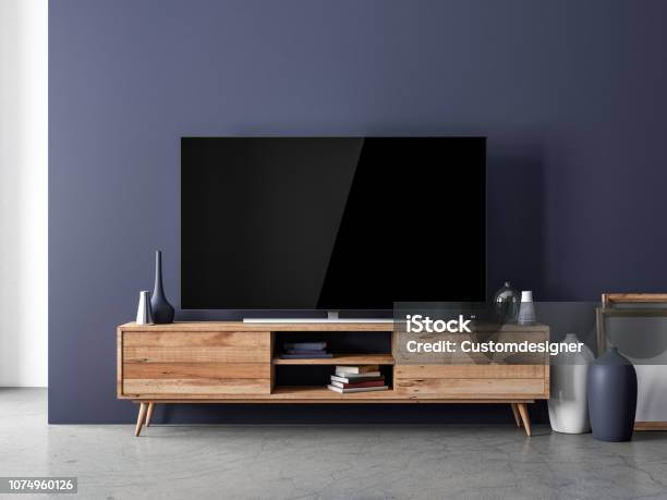 Smart Tv Mockup Standing On The Wooden Console In Modern Interior With Home Decor Stock Photo - Download Image Now