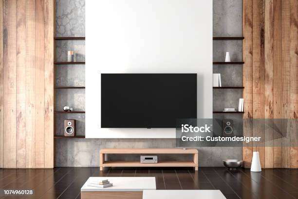 Smart Tv Mockup Hanging On The Wall In Living Room With Shelves Stock Photo - Download Image Now