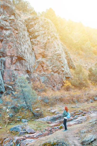 istock Female hiker walking in mountains forest. 1074963396