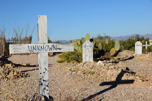 Unmarked graves in the historic wild west Boothill Graveyard in Tombstone, Arizona.