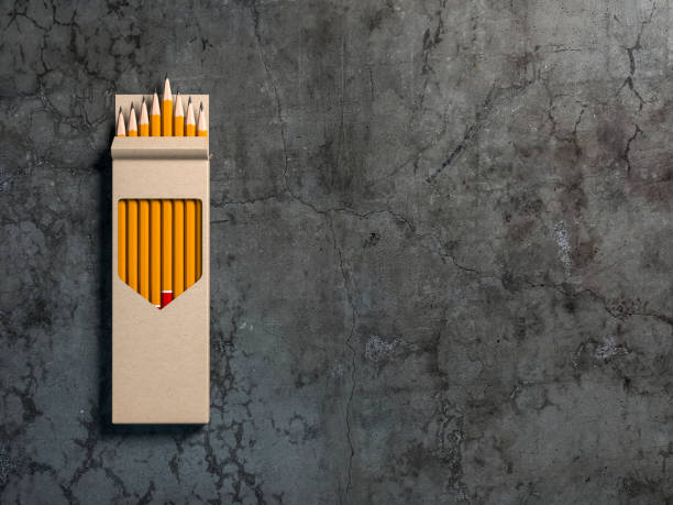 Opened box Mockup with Pencils Set on concrete floor
