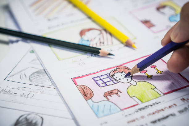 istock Creator drawing Story board movie video layout for pre-production, development cartoon illustration animation for process media films in form displayed script film production. Media product concept. 1074969380