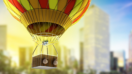 Hot Air color balloon 3d render oncity background